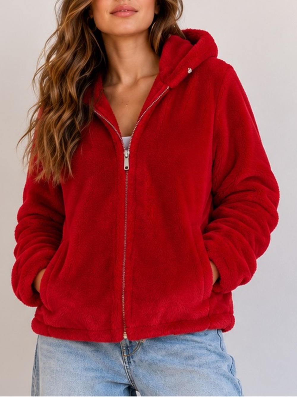 Jou Jou Womens Faux Fur Jacket Medium Red Plush Hooded Full Zip Satin Lined